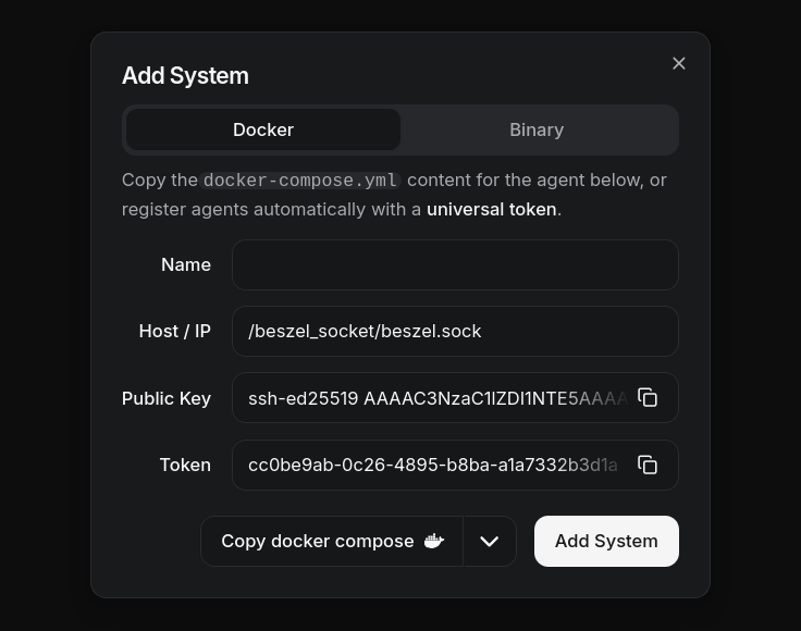 Screenshot of system creation form showing token and key