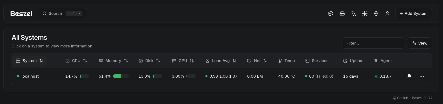 Screenshot of added system in green